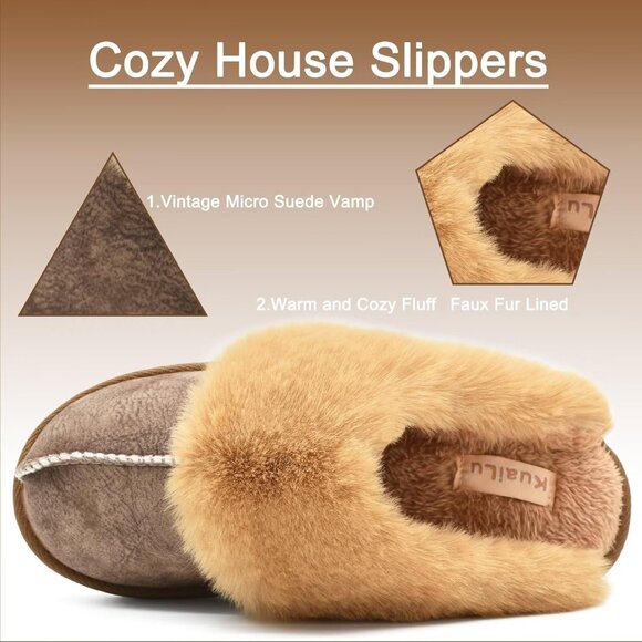 🆕Women Brown Suede Fluff Dual Memory Foam Arch Support Warm Scuff Slipper - Picture 7 of 10